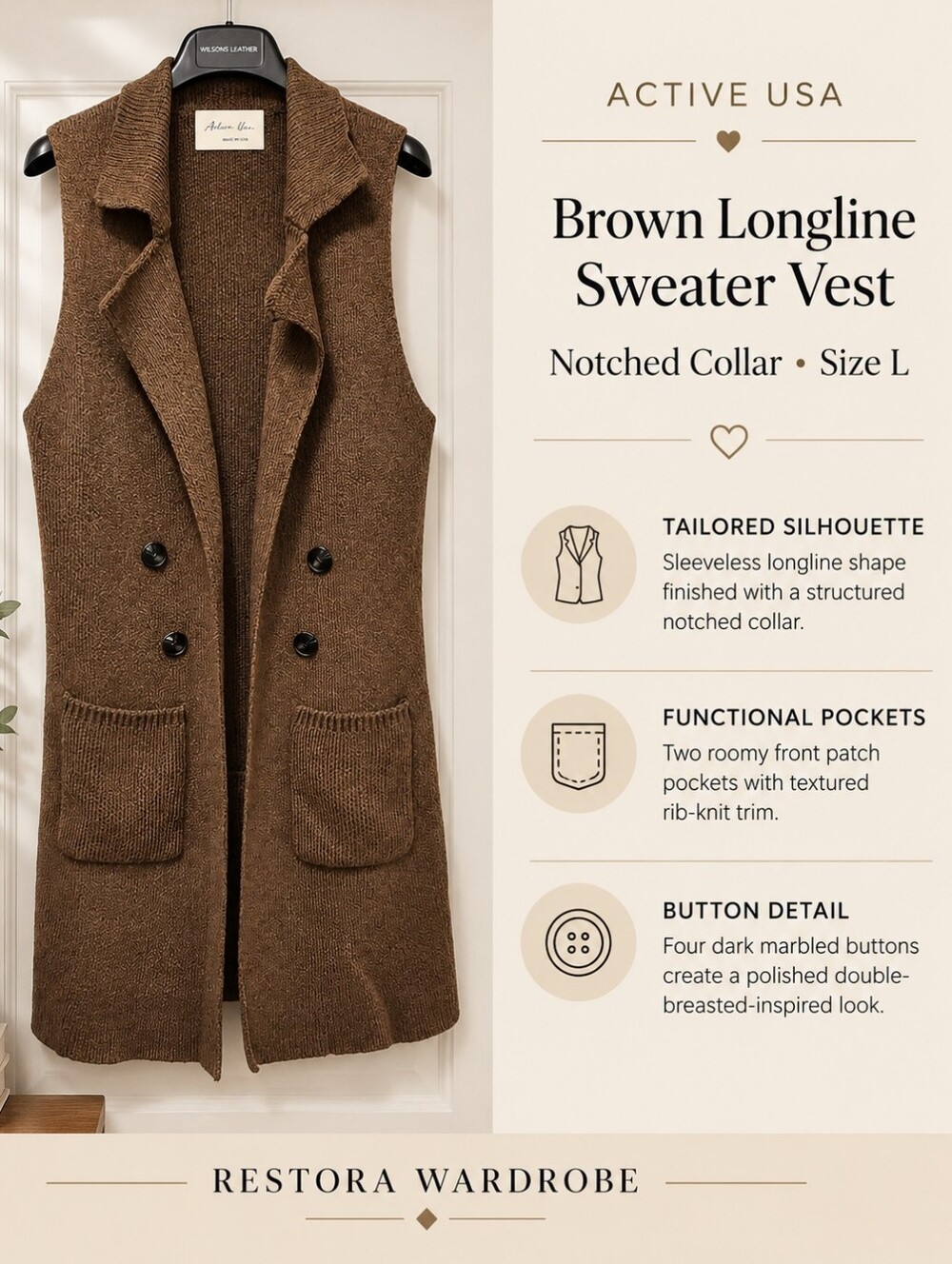 Active USA Brown Longline Sweater Vest Notched Collar Pockets Size L